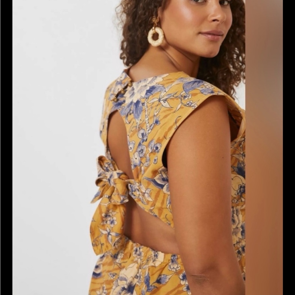ANTHROPOLOGIE Tie Back Dress Boho Cap Sleeves Gold Blue Open Back Mini Plus 22W - Picture 4 of 12